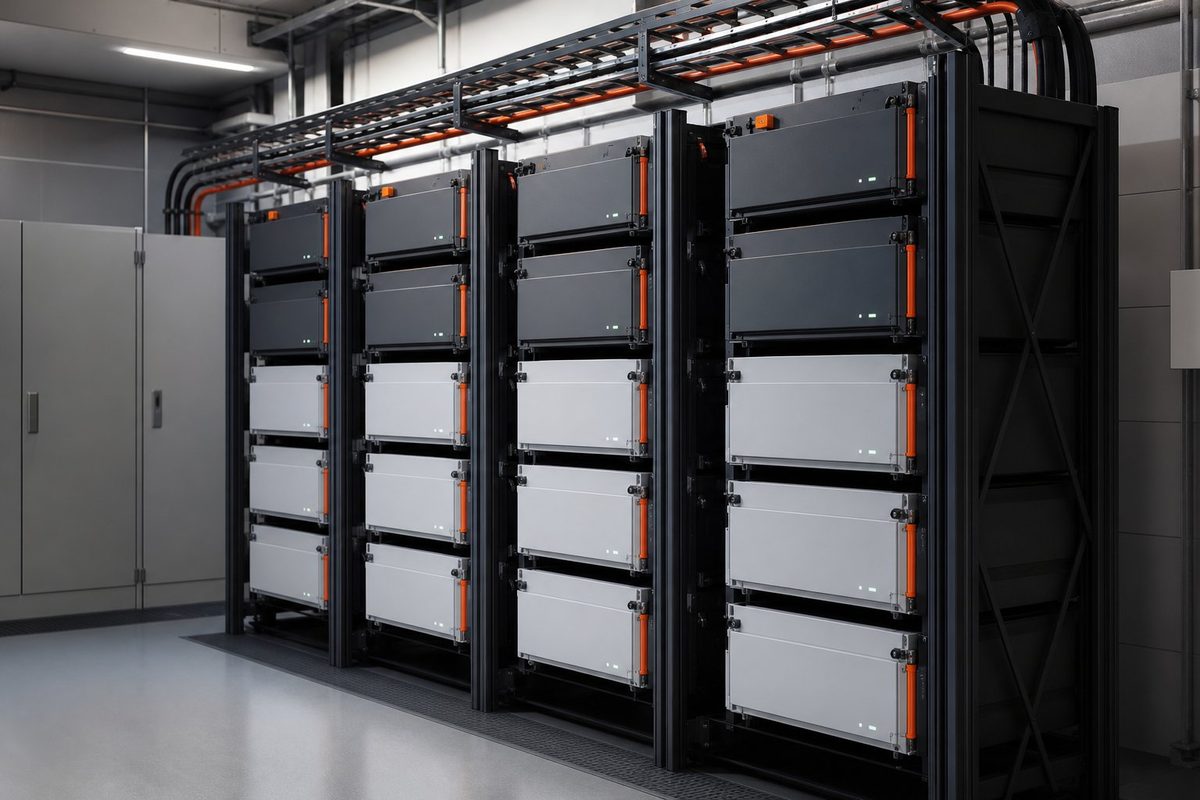 Racked lithium battery modules in an equipment room