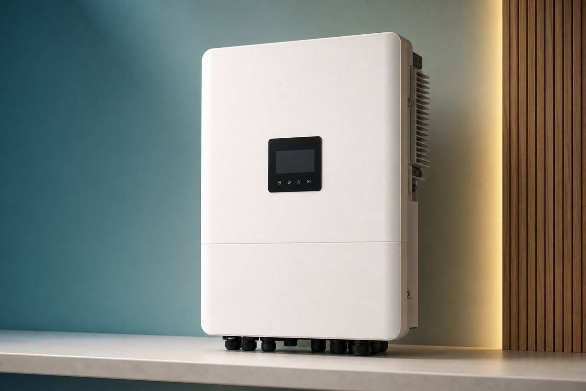 A modern hybrid inverter unit on a shelf